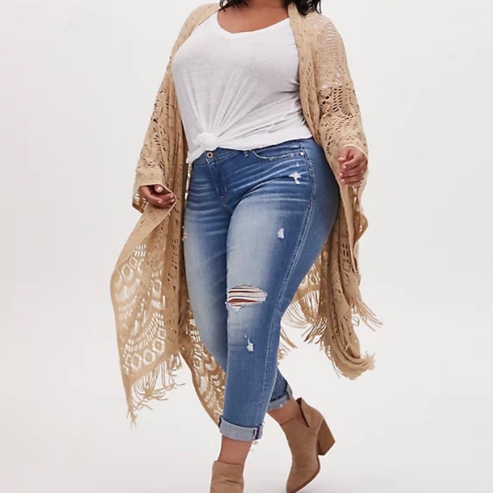 Torrid Beige open knit fringe Ruana